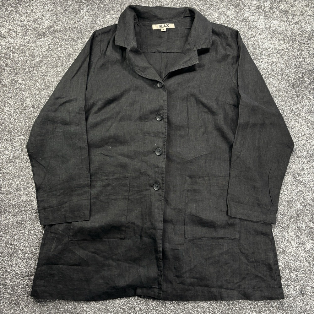 Flax Linen Coat Jacket Women's Medium Black Woven Button Front Shirt Lagenlook